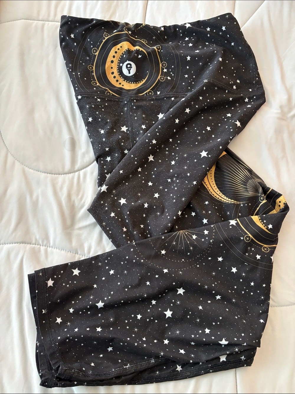 Women’s Black Star-Print Leggings with Gold Celestial Accents-ankle length